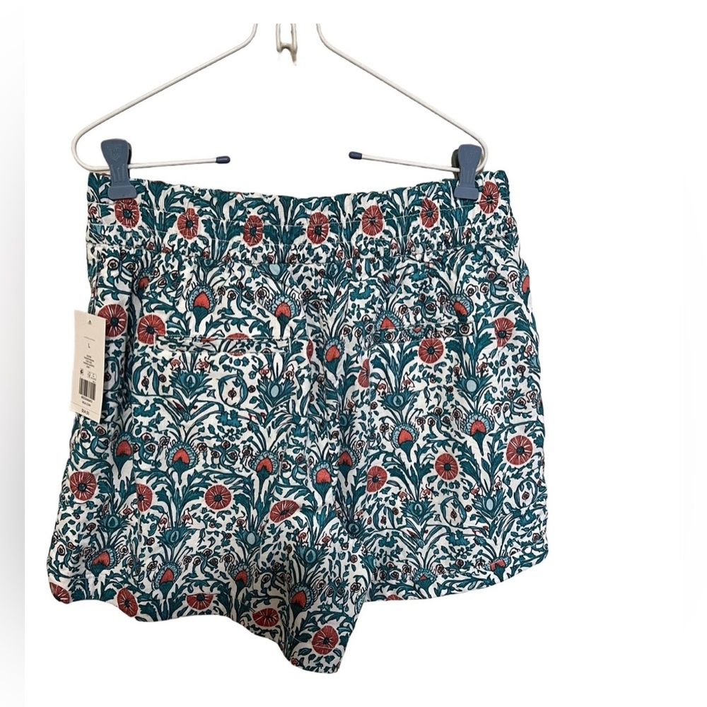 New Crown & Ivy L Linen Lyocell Shorts Elastic Waist White Turquoise Floral